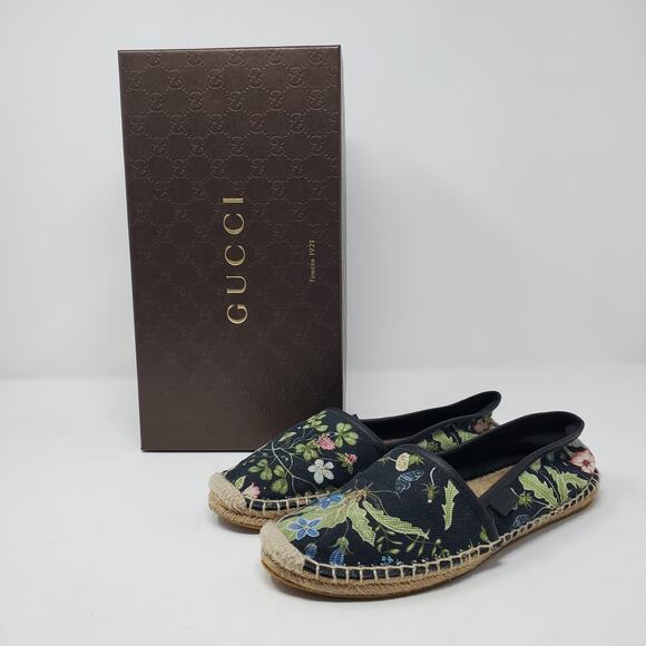 GUCCI Canvas Flora Knight Print Nero Flat Espadrilles Black Size 36.5 US 6.5 - Picture 14 of 16